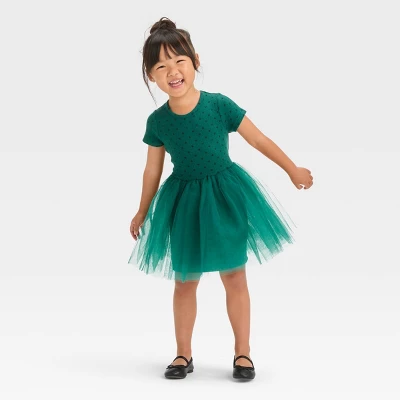 Toddler Girls' Dot Short Sleeve Knit Tulle Dress - Cat & Jack™ Green 2 Toddler Girls' Dot Short Sleeve Knit Tulle Dress - Cat & Jack™ Green - Image 2