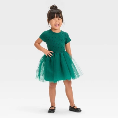 Toddler Girls' Dot Short Sleeve Knit Tulle Dress - Cat & Jack™ Green 3 Toddler Girls' Dot Short Sleeve Knit Tulle Dress - Cat & Jack™ Green - Image 3