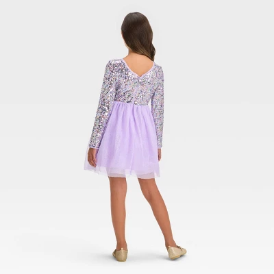 Girls' Long Sleeve Sequin Tulle Dress - Cat & Jack™ Lavender 1 Girls' Long Sleeve Sequin Tulle Dress - Cat & Jack™ Lavender