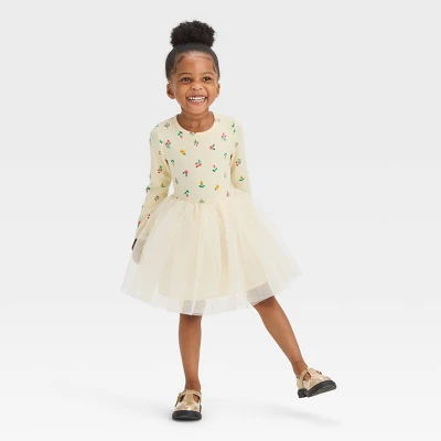 Toddler Girls' Floral Long Sleeve Knit Tulle Dress - Cat & Jack™ Off-White 2 Toddler Girls' Floral Long Sleeve Knit Tulle Dress - Cat & Jack™ Off-White - Image 2