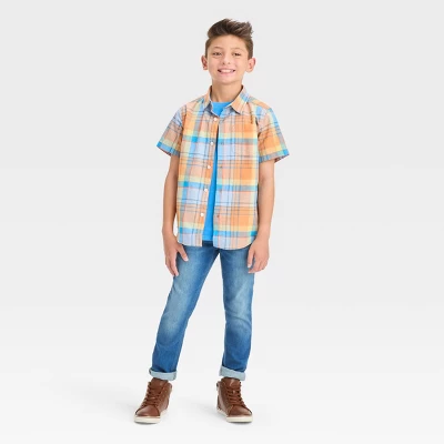 Boys' Short Sleeve Plaid Button-Down Shirt - Cat & Jack™ Orange 2 Boys' Short Sleeve Plaid Button-Down Shirt - Cat & Jack™ Orange - Image 2