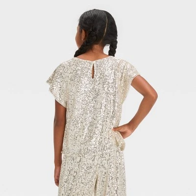 Girls' Short Sleeve Sequin Woven Shirt - Cat & Jack™ Silver 1 Girls' Short Sleeve Sequin Woven Shirt - Cat & Jack™ Silver