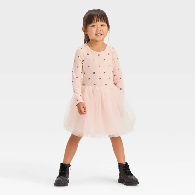Toddler Girls' Bow-Tie Long Sleeve Knit Tulle Dress - Cat & Jack™ Pink 3 Toddler Girls' Bow-Tie Long Sleeve Knit Tulle Dress - Cat & Jack™ Pink - Image 3