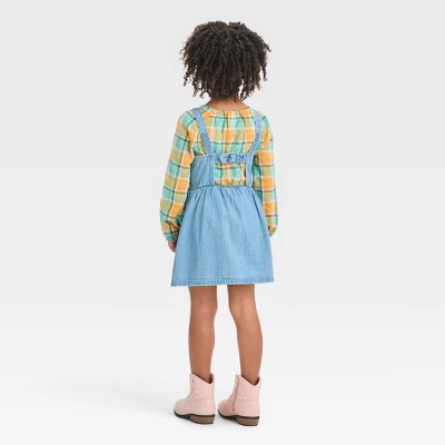Toddler Girls' Plaid Long Sleeve Top & Denim Skirtall Set - Cat & Jack™ Blue 1 Toddler Girls' Plaid Long Sleeve Top & Denim Skirtall Set - Cat & Jack™ Blue