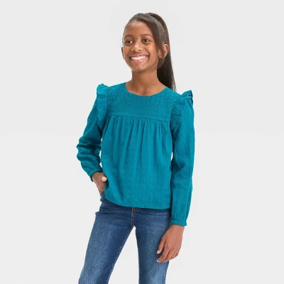 Girls' Long Sleeve Woven Ruffle Shirt - Cat & Jack™ Teal Blue 3 Girls' Long Sleeve Woven Ruffle Shirt - Cat & Jack™ Teal Blue - Image 3