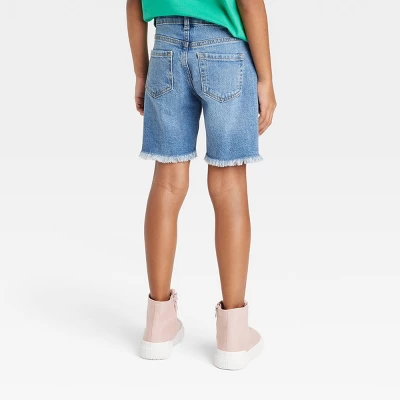 Girls' Destructed Relaxed Midi Jean Shorts - Cat & Jack™ Medium Wash 1 Girls' Destructed Relaxed Midi Jean Shorts - Cat & Jack™ Medium Wash