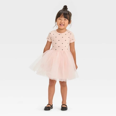 Toddler Girls' Bow-Tie Short Sleeve Knit Tulle Dress - Cat & Jack™ Pink 3 Toddler Girls' Bow-Tie Short Sleeve Knit Tulle Dress - Cat & Jack™ Pink - Image 3
