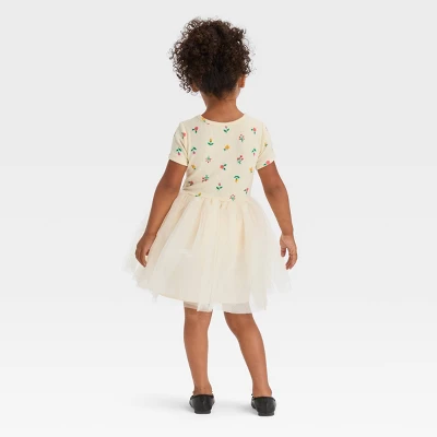 Toddler Girls' Floral Short Sleeve Knit Tulle Dress - Cat & Jack™ Off-White 1 Toddler Girls' Floral Short Sleeve Knit Tulle Dress - Cat & Jack™ Off-White