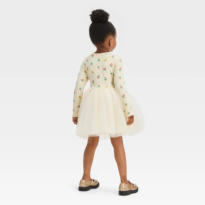 Toddler Girls' Floral Long Sleeve Knit Tulle Dress - Cat & Jack™ Off-White 1 Toddler Girls' Floral Long Sleeve Knit Tulle Dress - Cat & Jack™ Off-White