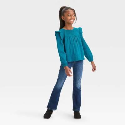 Girls' Long Sleeve Woven Ruffle Shirt - Cat & Jack™ Teal Blue 2 Girls' Long Sleeve Woven Ruffle Shirt - Cat & Jack™ Teal Blue - Image 2