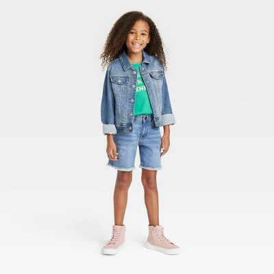 Girls' Destructed Relaxed Midi Jean Shorts - Cat & Jack™ Medium Wash 2 Girls' Destructed Relaxed Midi Jean Shorts - Cat & Jack™ Medium Wash - Image 2