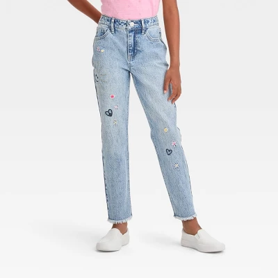 Girls' High-Rise Embroidered Ankle Straight Jeans - Cat & Jack™ Blue 4 Girls' High-Rise Embroidered Ankle Straight Jeans - Cat & Jack™ Blue - Image 4