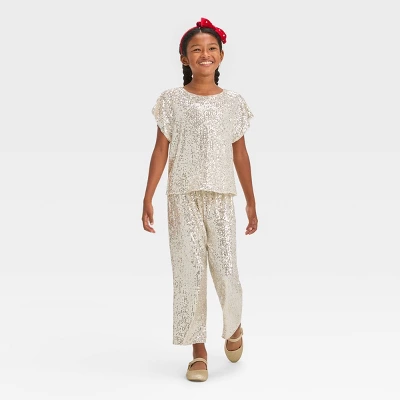 Girls' Short Sleeve Sequin Woven Shirt - Cat & Jack™ Silver 2 Girls' Short Sleeve Sequin Woven Shirt - Cat & Jack™ Silver - Image 2