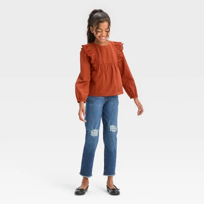 Girls' Long Sleeve Woven Ruffle Shirt - Cat & Jack™ Chestnut Orange 2 Girls' Long Sleeve Woven Ruffle Shirt - Cat & Jack™ Chestnut Orange - Image 2