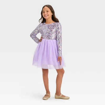 Girls' Long Sleeve Sequin Tulle Dress - Cat & Jack™ Lavender 3 Girls' Long Sleeve Sequin Tulle Dress - Cat & Jack™ Lavender - Image 3