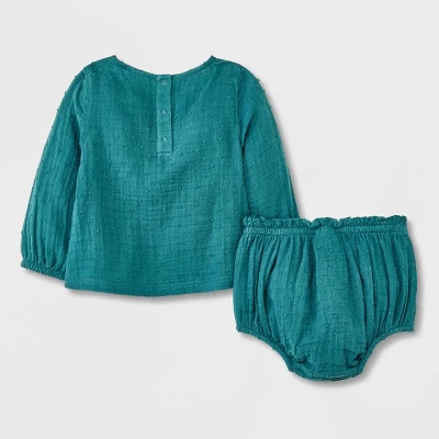 Baby Girls' Gauze Clipspot Ruffle Yoke Top & Bottom Set - Cat & Jack™ Dark Green 1 Baby Girls' Gauze Clipspot Ruffle Yoke Top & Bottom Set - Cat & Jack™ Dark Green