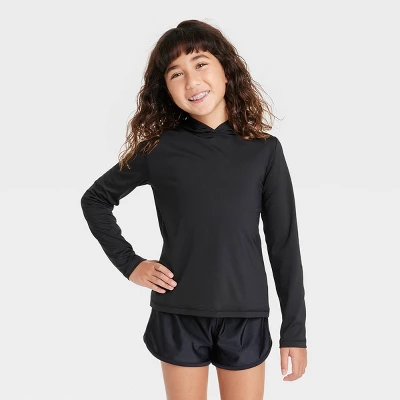 Girls' Hooded Long Sleeve Rash Guard Swim Top - Cat & Jack™ Black 3 Girls' Hooded Long Sleeve Rash Guard Swim Top - Cat & Jack™ Black - Image 3
