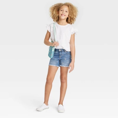 Girls' Embroidered Mid-Rise Jean Shorts - Cat & Jack™ Medium Wash 2 Girls' Embroidered Mid-Rise Jean Shorts - Cat & Jack™ Medium Wash - Image 2