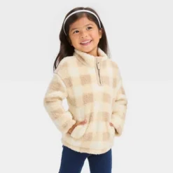 Toddler Girls' Checkered Quarter Zip-Up Jacket - Cat & Jack™ Beige -CAT & JACK Shop GUEST cc02cb8e e530 405a a49a d9b289fd75f0