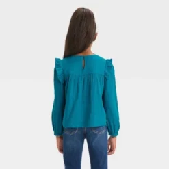 Girls' Long Sleeve Woven Ruffle Shirt - Cat & Jack™ Teal Blue