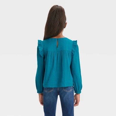 Girls' Long Sleeve Woven Ruffle Shirt - Cat & Jack™ Teal Blue 1 Girls' Long Sleeve Woven Ruffle Shirt - Cat & Jack™ Teal Blue