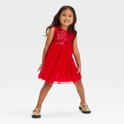 Toddler Girls' Sequin Dress - Cat & Jack™ Red 2 Toddler Girls' Sequin Dress - Cat & Jack™ Red - Image 2