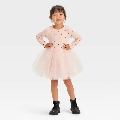 Toddler Girls' Bow-Tie Long Sleeve Knit Tulle Dress - Cat & Jack™ Pink 2 Toddler Girls' Bow-Tie Long Sleeve Knit Tulle Dress - Cat & Jack™ Pink - Image 2