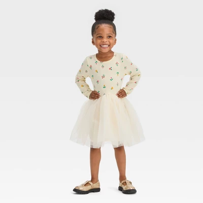 Toddler Girls' Floral Long Sleeve Knit Tulle Dress - Cat & Jack™ Off-White 3 Toddler Girls' Floral Long Sleeve Knit Tulle Dress - Cat & Jack™ Off-White - Image 3