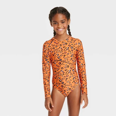 Girls' Spots Of Fun Long Sleeve One Piece Rash Guard Swimsuit - Cat & Jack™️ Orange 3 Girls' Spots Of Fun Long Sleeve One Piece Rash Guard Swimsuit - Cat & Jack™️ Orange - Image 3
