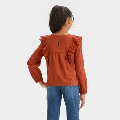 Girls' Long Sleeve Woven Ruffle Shirt - Cat & Jack™ Chestnut Orange 1 Girls' Long Sleeve Woven Ruffle Shirt - Cat & Jack™ Chestnut Orange