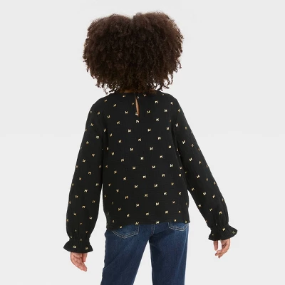 Girls' Long Sleeve Gold Foil Bow Woven Shirt - Cat & Jack™ Black 1 Girls' Long Sleeve Gold Foil Bow Woven Shirt - Cat & Jack™ Black