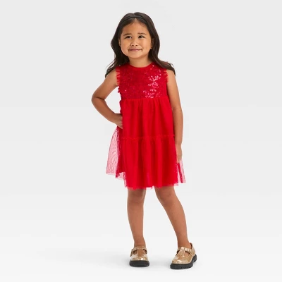 Toddler Girls' Sequin Dress - Cat & Jack™ Red 3 Toddler Girls' Sequin Dress - Cat & Jack™ Red - Image 3