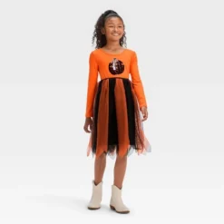 Girls' Adaptive Long Sleeve Sequin Halloween Tulle Dress - Cat & Jack⢠Orange