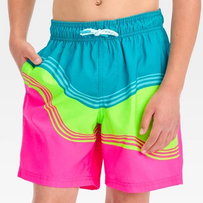Boys' Wave Swim Shorts - Cat & Jack™ Pink/Neon Green/Turquoise Blue 1 Boys' Wave Swim Shorts - Cat & Jack™ Pink/Neon Green/Turquoise Blue